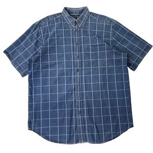 VTG Roundtree Yorke Plaid Denim Button Up Blue Men's Large Shirt S/S Grid Indigo